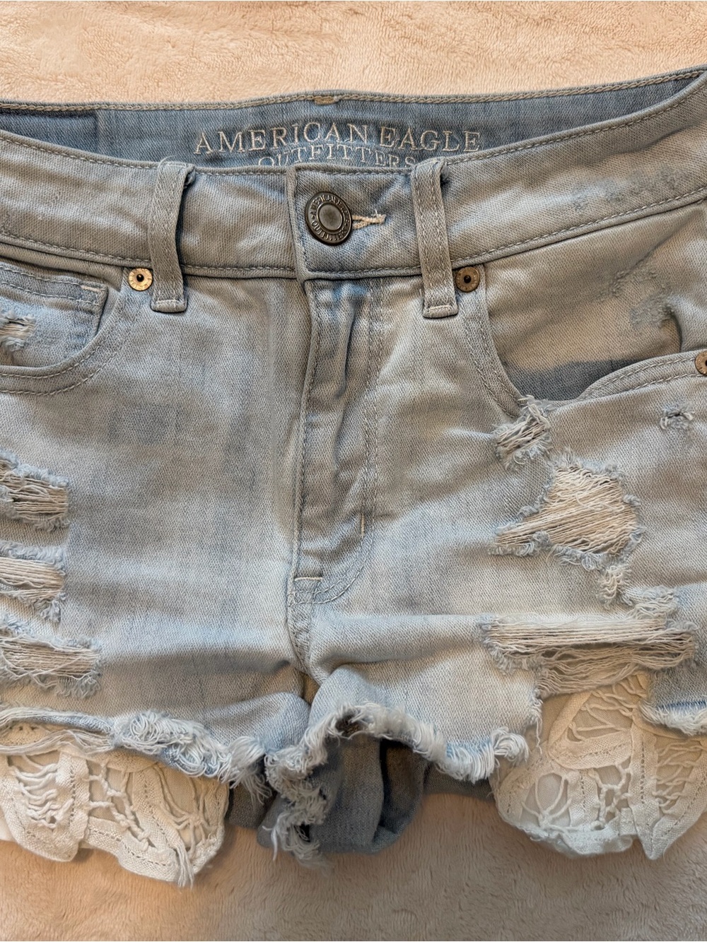 American Eagle Outfitters Hi-Rise Light Blue Denim Shorts with Lace Trim